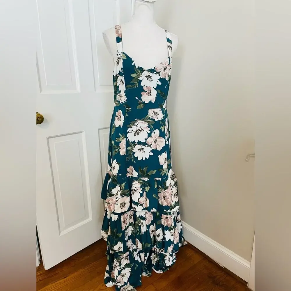 A&F Drama Ruffle Tiered Maxi Dress in Green Floral